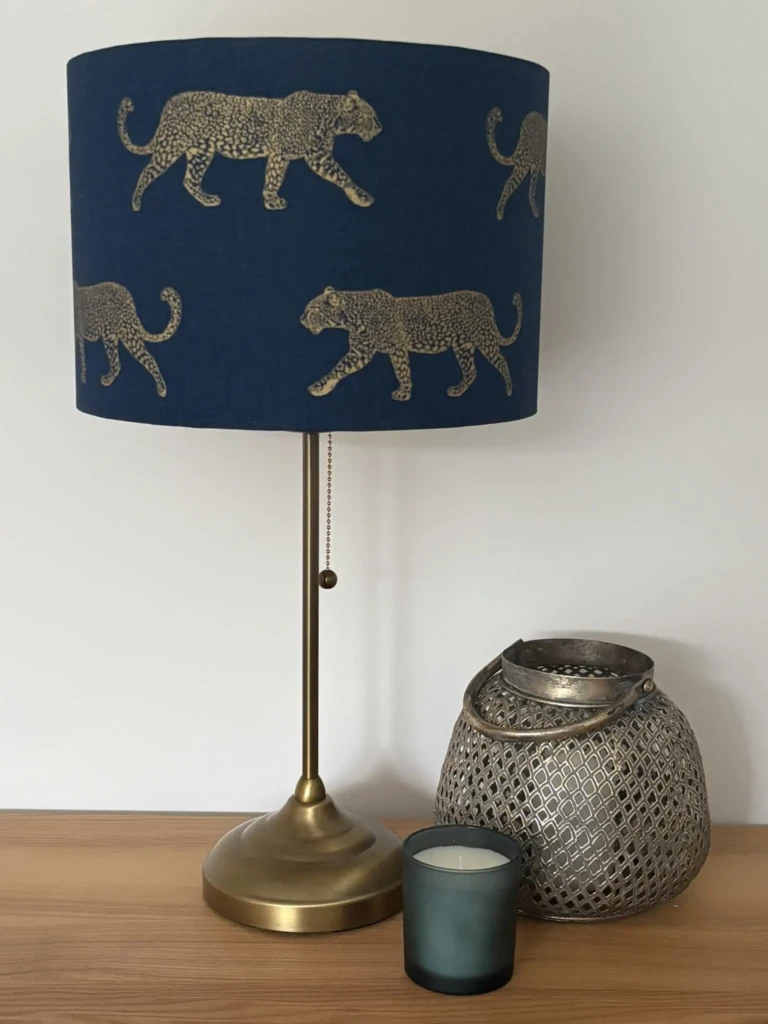 Gold Leopard On Indigo – Gold Lining bespoke lampshade made in Suffolk
