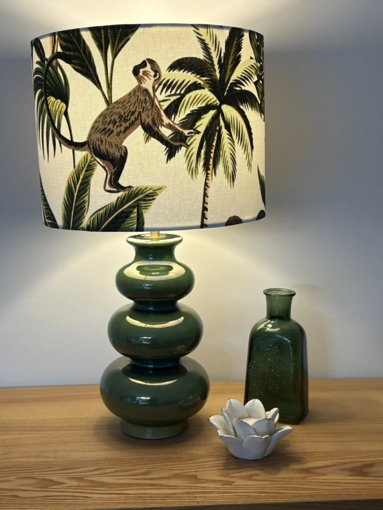 Monkey lampshade in green handmade in suffolk